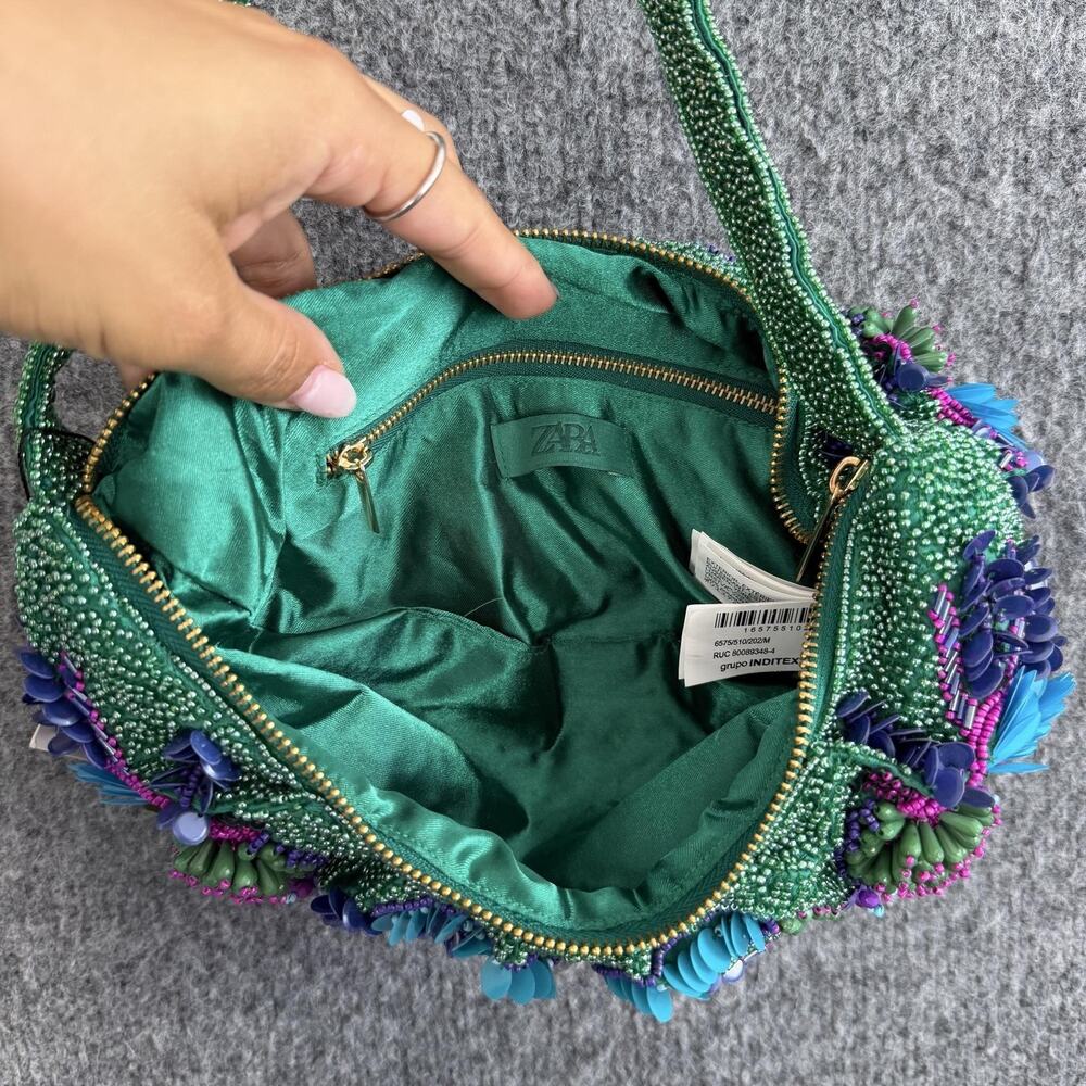 Zara Beaded Floral Shoulder Bag Green Embellished Party Cocktail Purse Artsy - Picture 6 of 12